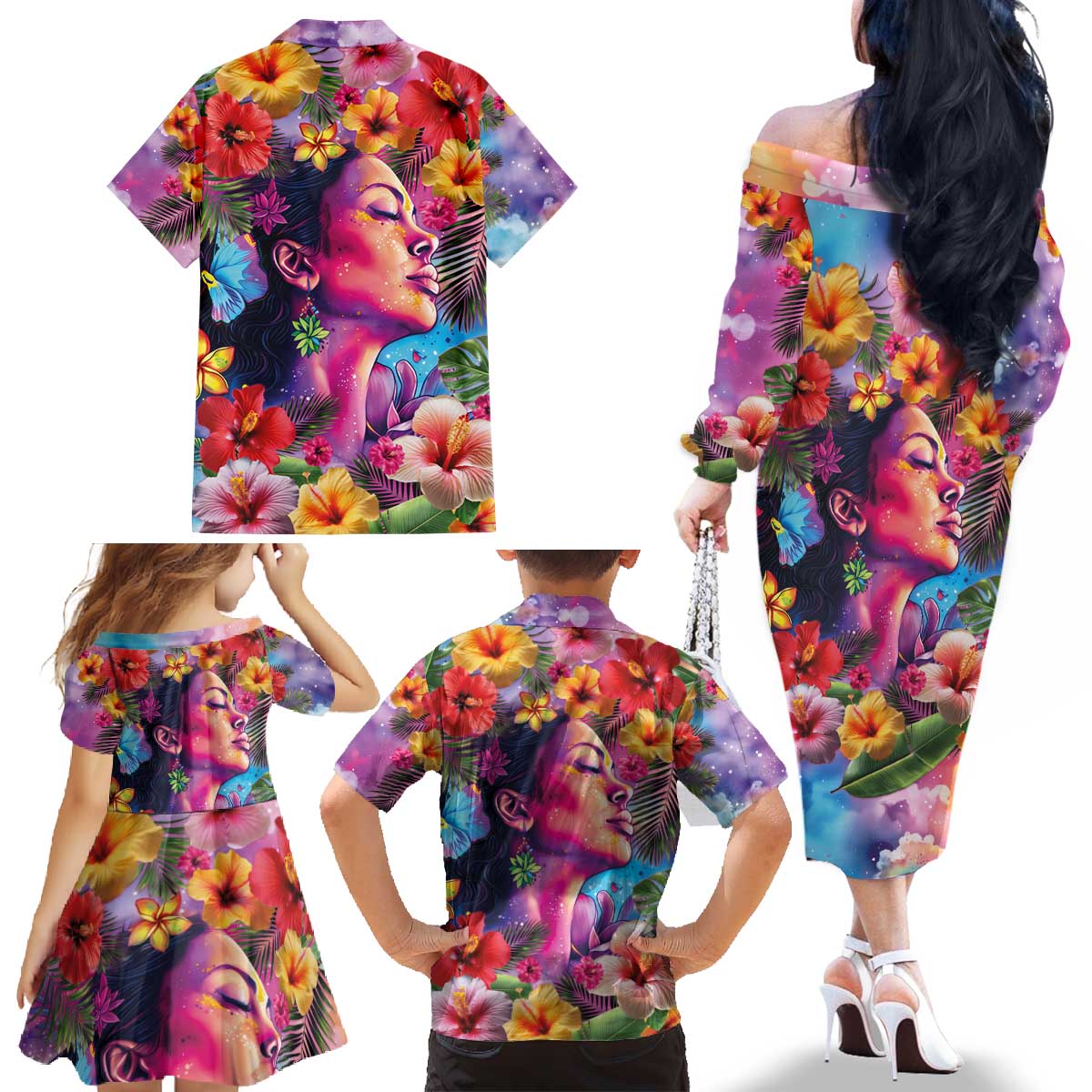 Polynesian Women Family Matching Off The Shoulder Long Sleeve Dress and Hawaiian Shirt Tropical Plant - Vibrant Surreal Dreamscape Vibe LT03 - Polynesian Pride