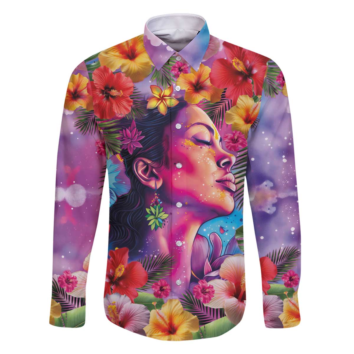 Polynesian Women Family Matching Off The Shoulder Long Sleeve Dress and Hawaiian Shirt Tropical Plant - Vibrant Surreal Dreamscape Vibe LT03 Dad's Shirt - Long Sleeve Pink-Purple - Polynesian Pride