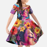 Polynesian Women Family Matching Off Shoulder Maxi Dress and Hawaiian Shirt Tropical Plant - Vibrant Surreal Dreamscape Vibe LT03 Daughter's Dress Pink-Purple - Polynesian Pride