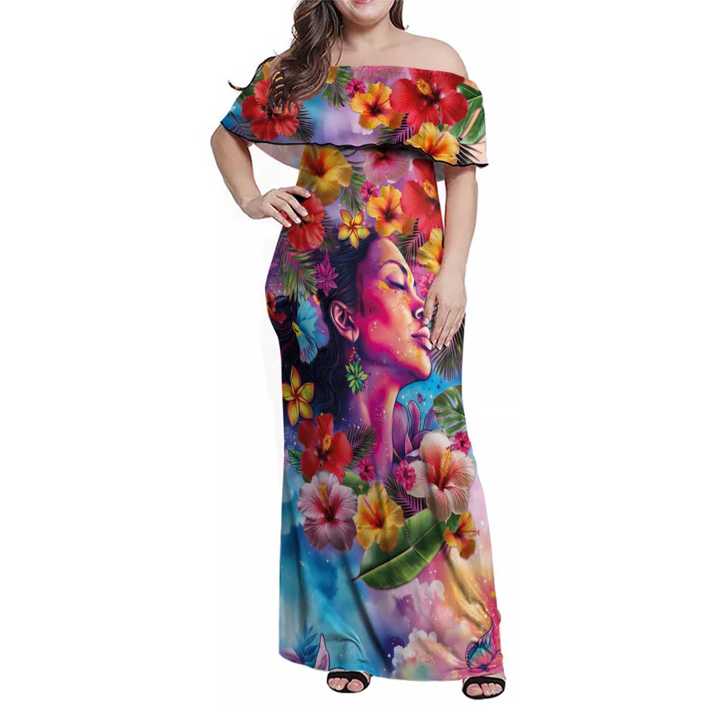 Polynesian Women Family Matching Off Shoulder Maxi Dress and Hawaiian Shirt Tropical Plant - Vibrant Surreal Dreamscape Vibe LT03 Mom's Dress Pink-Purple - Polynesian Pride