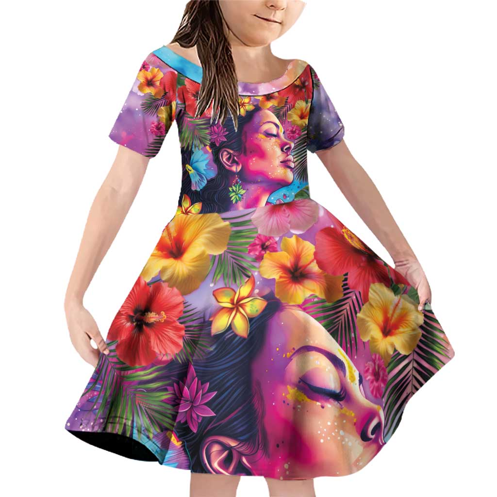 Polynesian Women Family Matching Off Shoulder Short Dress and Hawaiian Shirt Tropical Plant - Vibrant Surreal Dreamscape Vibe LT03 Daughter's Dress Pink-Purple - Polynesian Pride