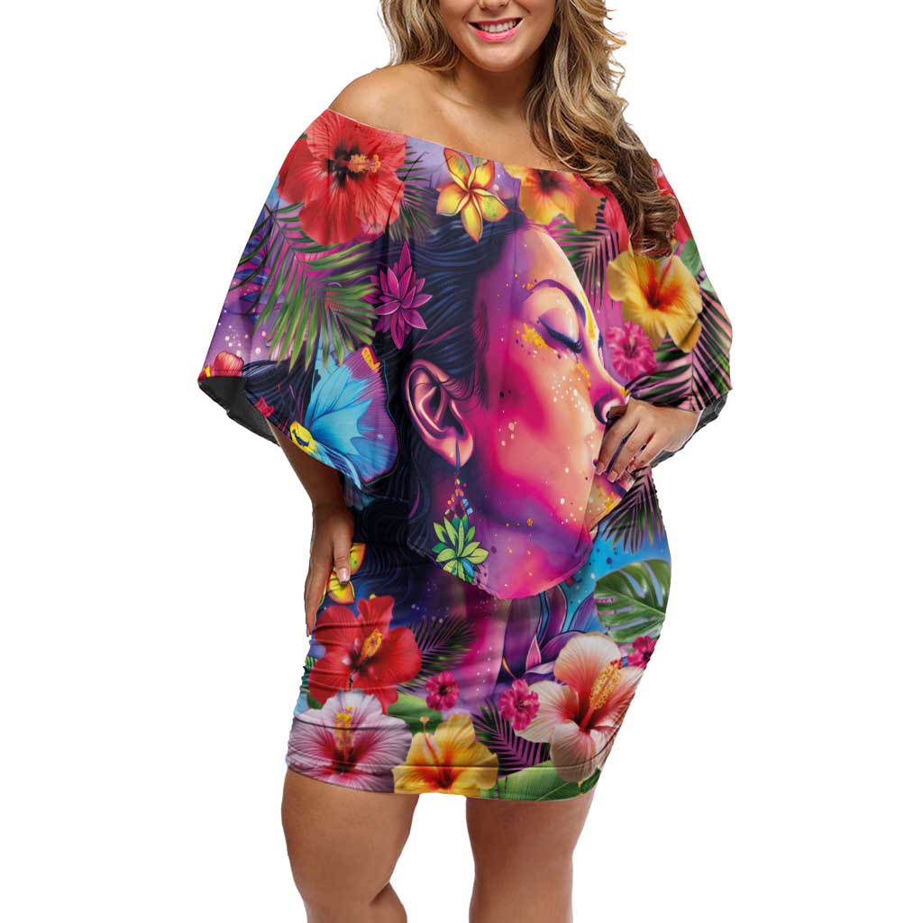Polynesian Women Family Matching Off Shoulder Short Dress and Hawaiian Shirt Tropical Plant - Vibrant Surreal Dreamscape Vibe LT03 Mom's Dress Pink-Purple - Polynesian Pride