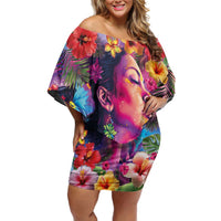 Polynesian Women Family Matching Off Shoulder Short Dress and Hawaiian Shirt Tropical Plant - Vibrant Surreal Dreamscape Vibe LT03 Mom's Dress Pink-Purple - Polynesian Pride