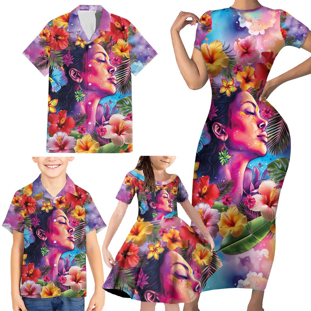 Polynesian Women Family Matching Short Sleeve Bodycon Dress and Hawaiian Shirt Tropical Plant - Vibrant Surreal Dreamscape Vibe LT03 - Polynesian Pride