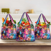 Polynesian Women Grocery Bag Tropical Plant - Vibrant Surreal Dreamscape Vibe