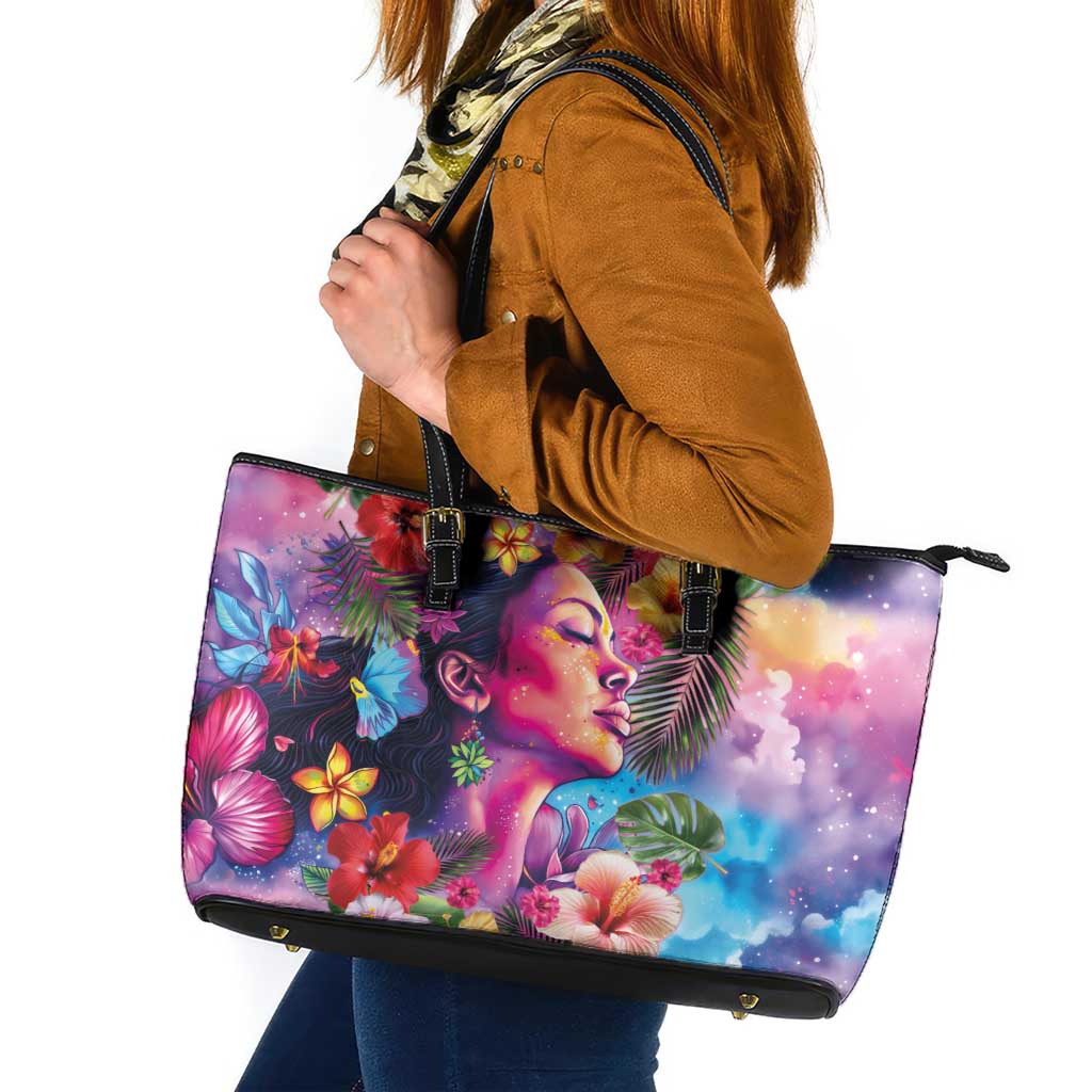 Polynesian Women Leather Tote Bag Tropical Plant - Vibrant Surreal Dreamscape Vibe LT03 Pink-Purple - Polynesian Pride