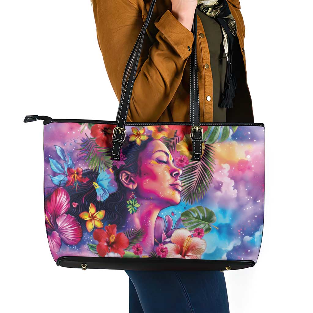 Polynesian Women Leather Tote Bag Tropical Plant - Vibrant Surreal Dreamscape Vibe