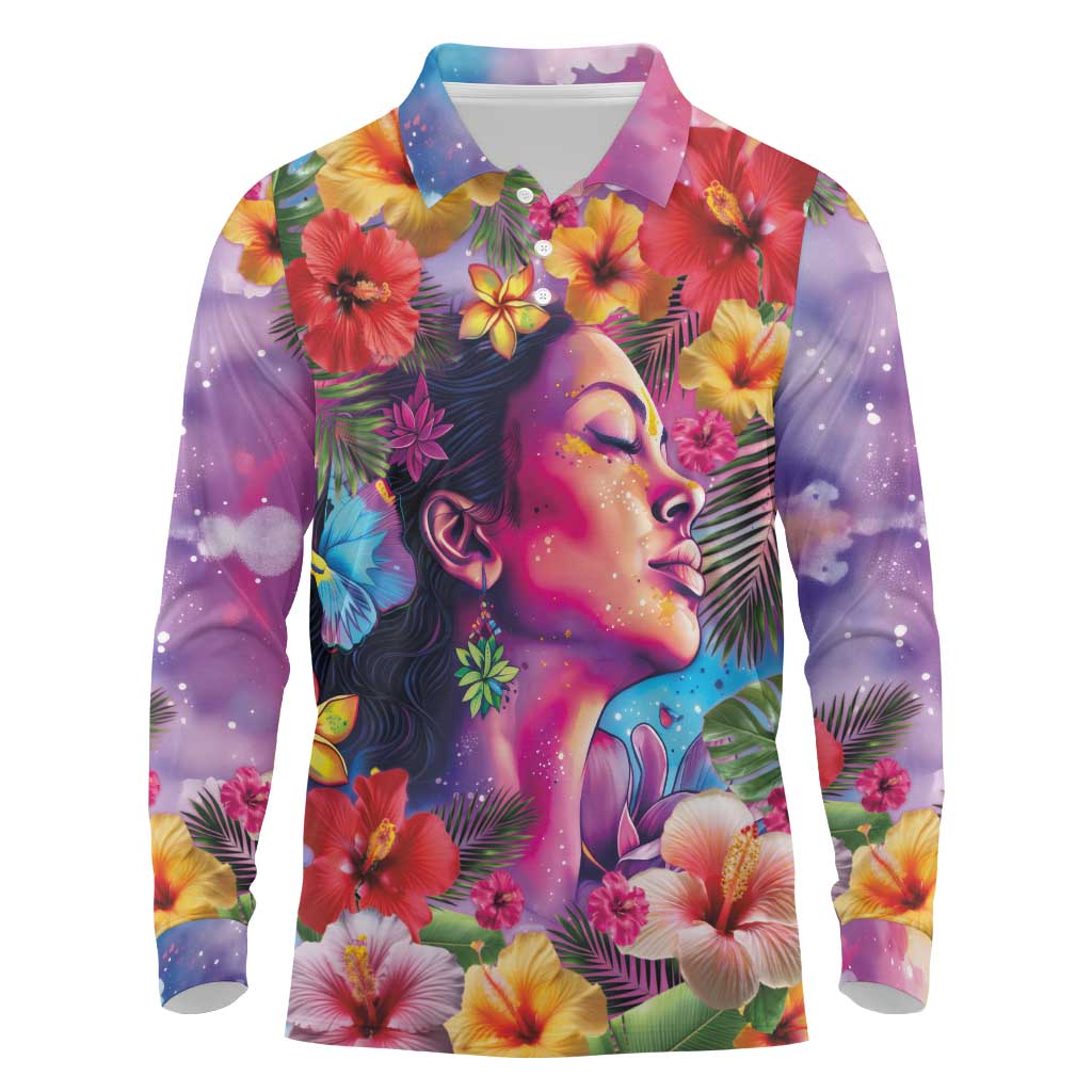 Polynesian Women Long Sleeve Polo Shirt Tropical Plant - Vibrant Surreal Dreamscape Vibe LT03 Pink-Purple - Polynesian Pride