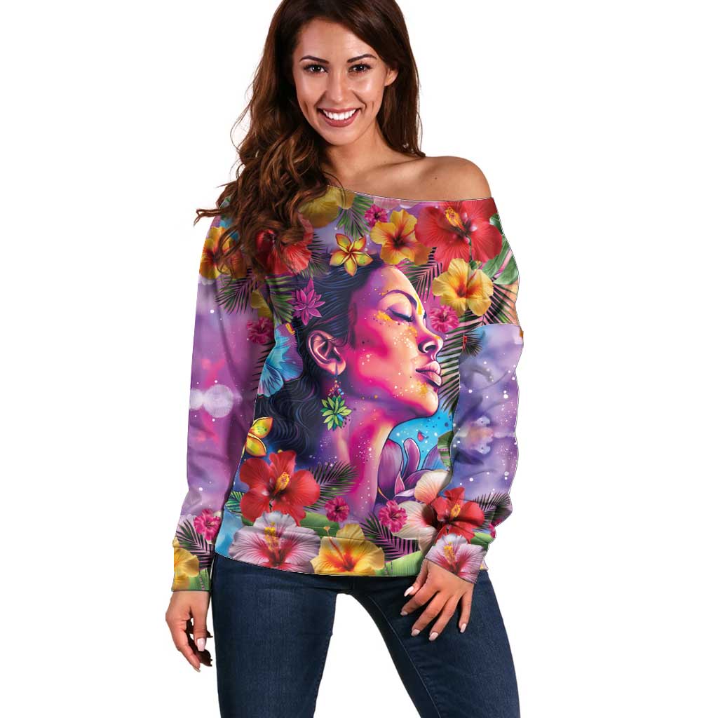 Polynesian Women Off Shoulder Sweater Tropical Plant - Vibrant Surreal Dreamscape Vibe LT03 Women Pink-Purple - Polynesian Pride