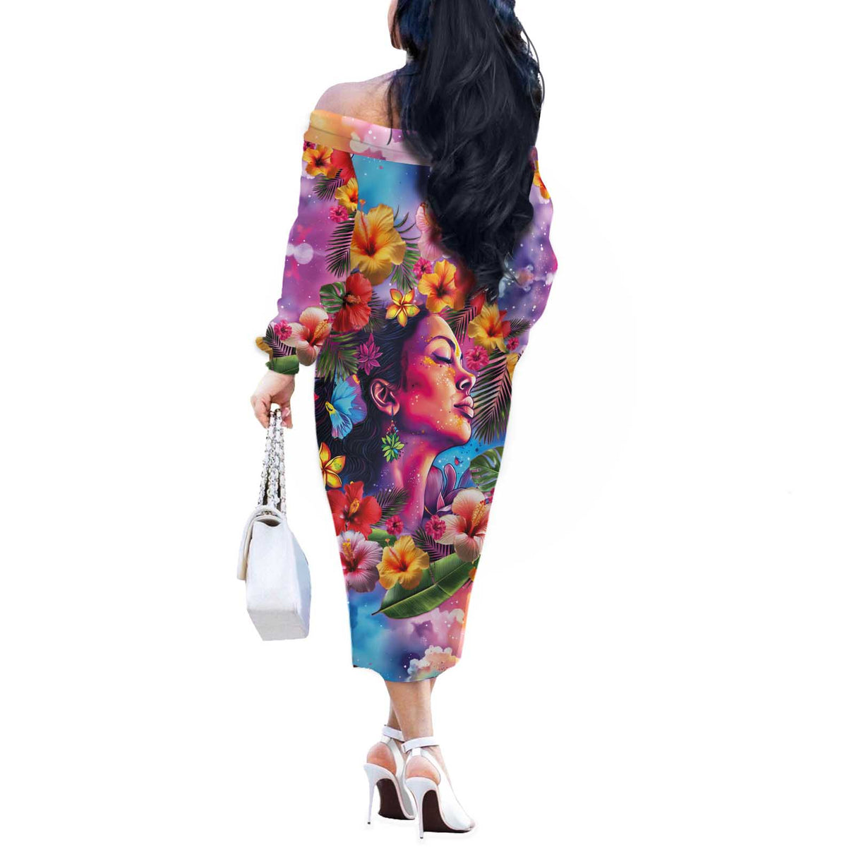 Polynesian Women Off The Shoulder Long Sleeve Dress Tropical Plant - Vibrant Surreal Dreamscape Vibe LT03 - Polynesian Pride