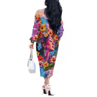 Polynesian Women Off The Shoulder Long Sleeve Dress Tropical Plant - Vibrant Surreal Dreamscape Vibe LT03 - Polynesian Pride