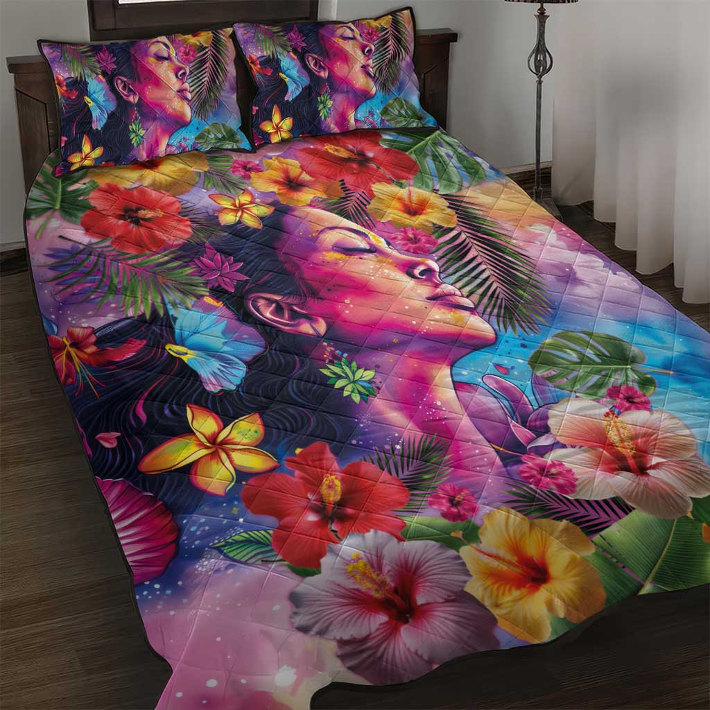 Polynesian Women Quilt Bed Set Tropical Plant - Vibrant Surreal Dreamscape Vibe LT03 Pink-Purple - Polynesian Pride