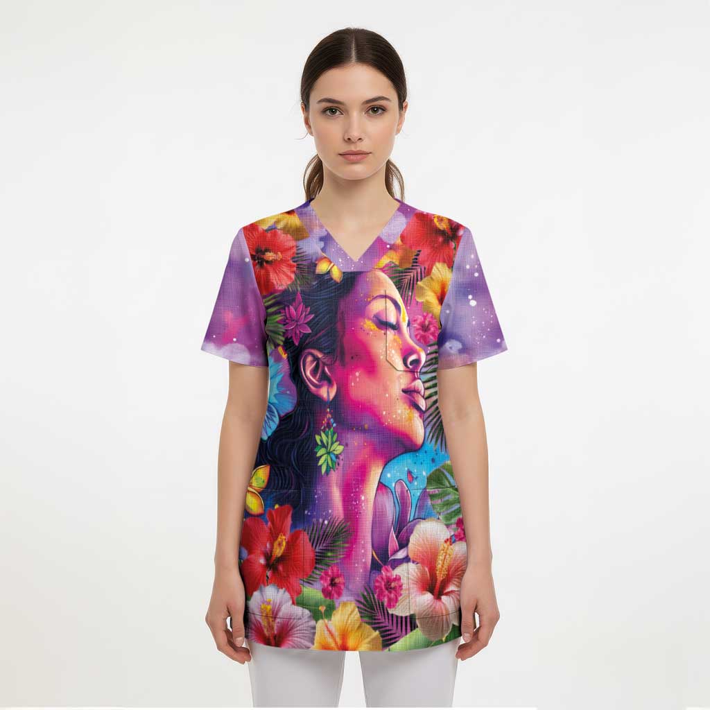 Polynesian Women Scrub Top Tropical Plant - Vibrant Surreal Dreamscape Vibe - Polynesian Pride
