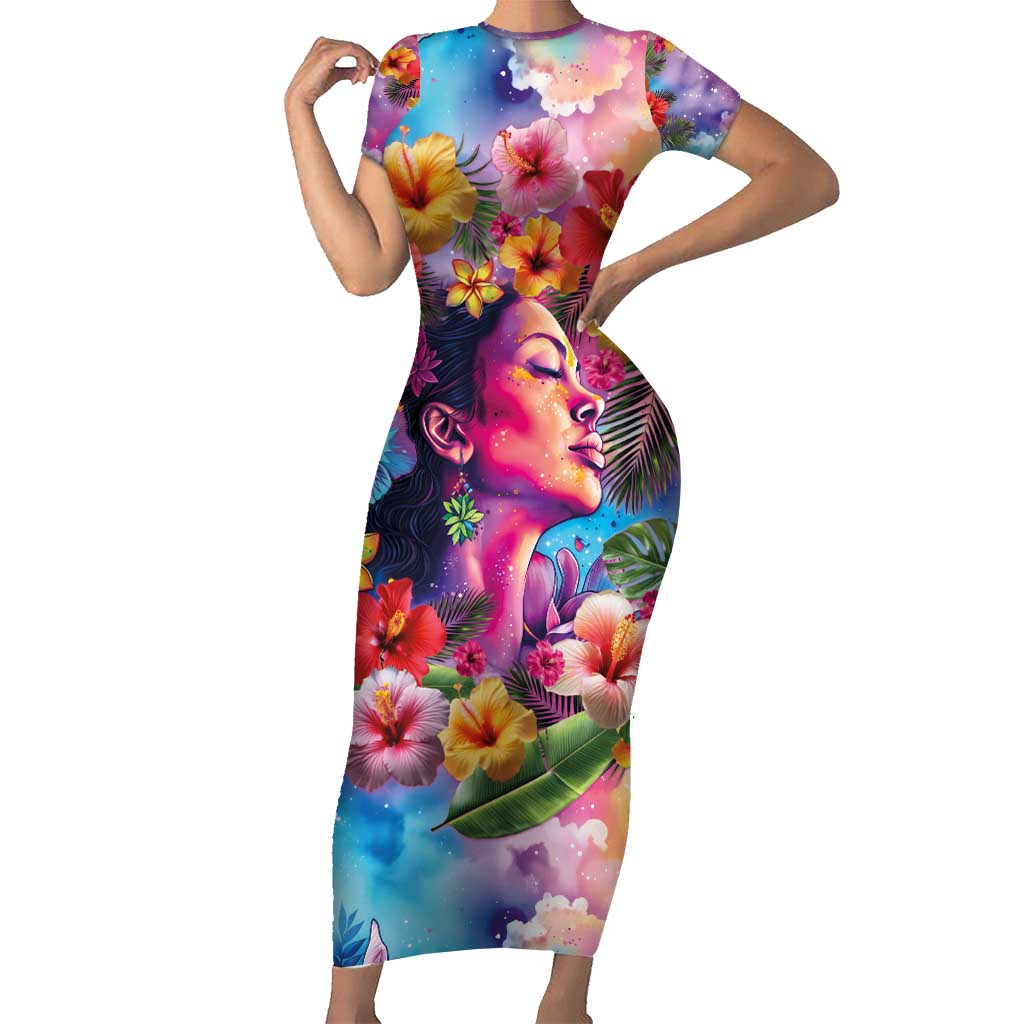 Polynesian Women Short Sleeve Bodycon Dress Tropical Plant - Vibrant Surreal Dreamscape Vibe LT03 Long Dress Pink-Purple - Polynesian Pride