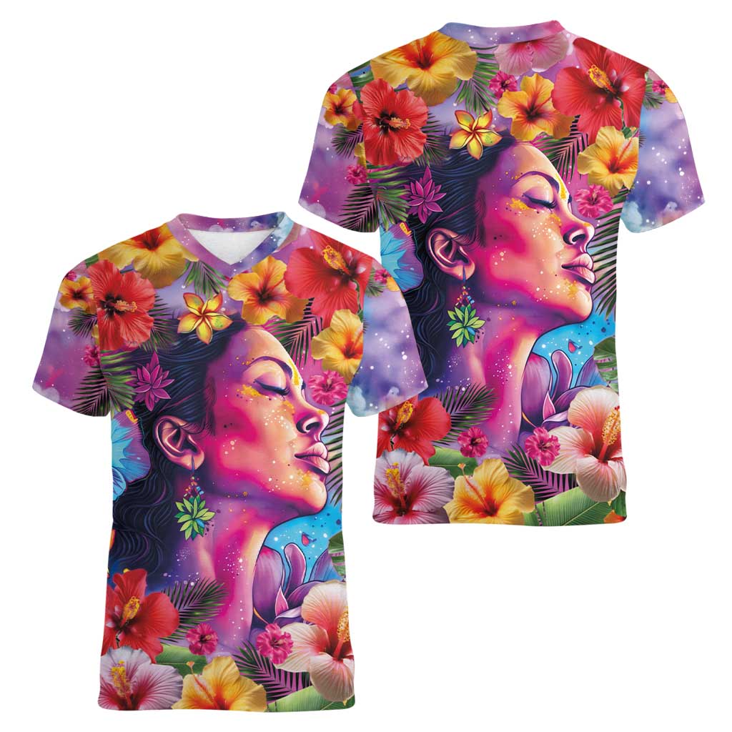 Polynesian Women Women V-Neck T-Shirt Tropical Plant - Vibrant Surreal Dreamscape Vibe LT03 - Polynesian Pride
