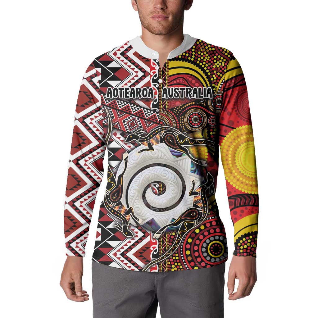 Personalised Aotearoa and Australia Together Button Sweatshirt Koru and Kangaroo - Taniko with Aboriginal Motif