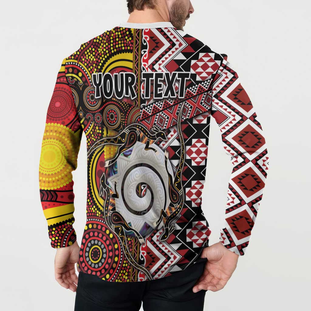 Personalised Aotearoa and Australia Together Button Sweatshirt Koru and Kangaroo - Taniko with Aboriginal Motif