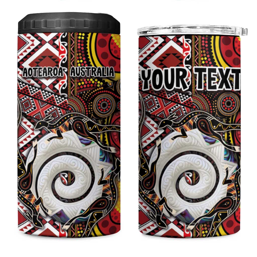 Personalised Aotearoa and Australia Together 4 in 1 Can Cooler Tumbler Koru and Kangaroo - Taniko with Aboriginal Motif LT03 One Size: 16 oz Black - Polynesian Pride