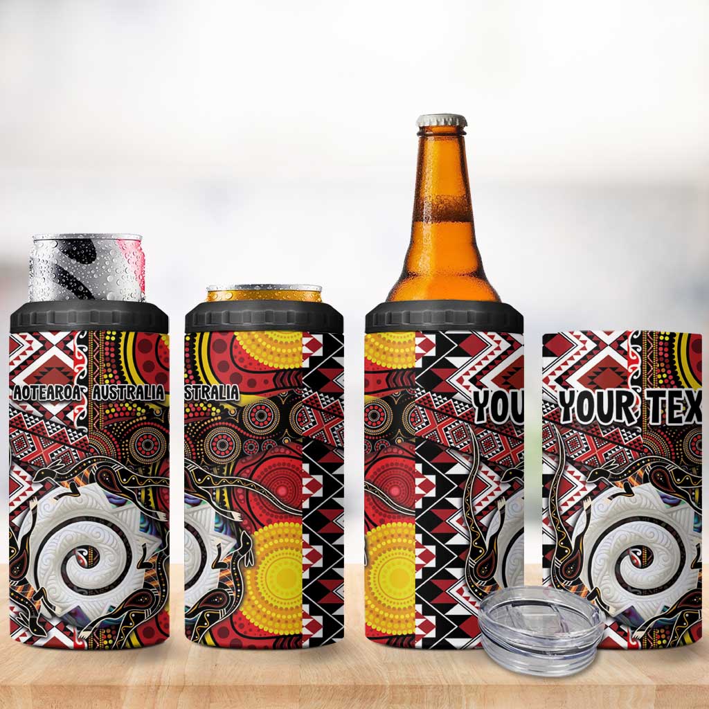 Personalised Aotearoa and Australia Together 4 in 1 Can Cooler Tumbler Koru and Kangaroo - Taniko with Aboriginal Motif LT03 - Polynesian Pride