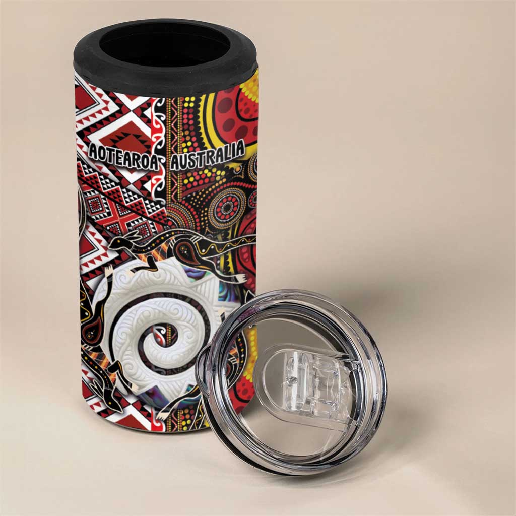 Personalised Aotearoa and Australia Together 4 in 1 Can Cooler Tumbler Koru and Kangaroo - Taniko with Aboriginal Motif LT03 - Polynesian Pride