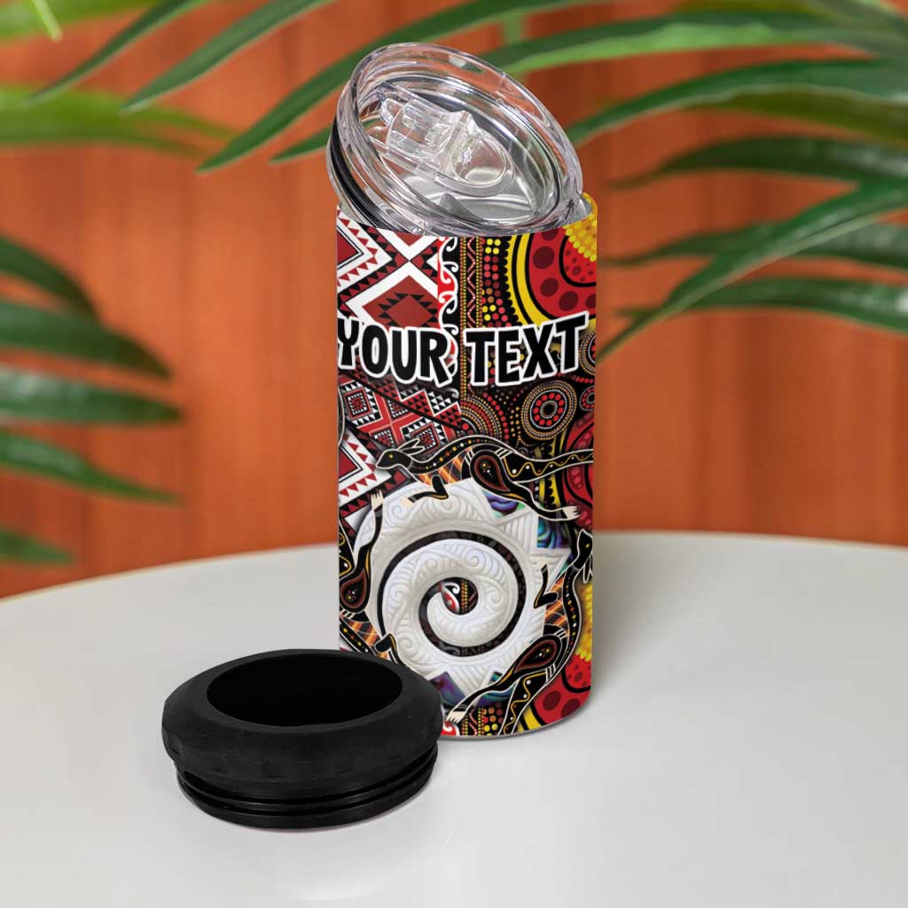 Personalised Aotearoa and Australia Together 4 in 1 Can Cooler Tumbler Koru and Kangaroo - Taniko with Aboriginal Motif LT03 - Polynesian Pride