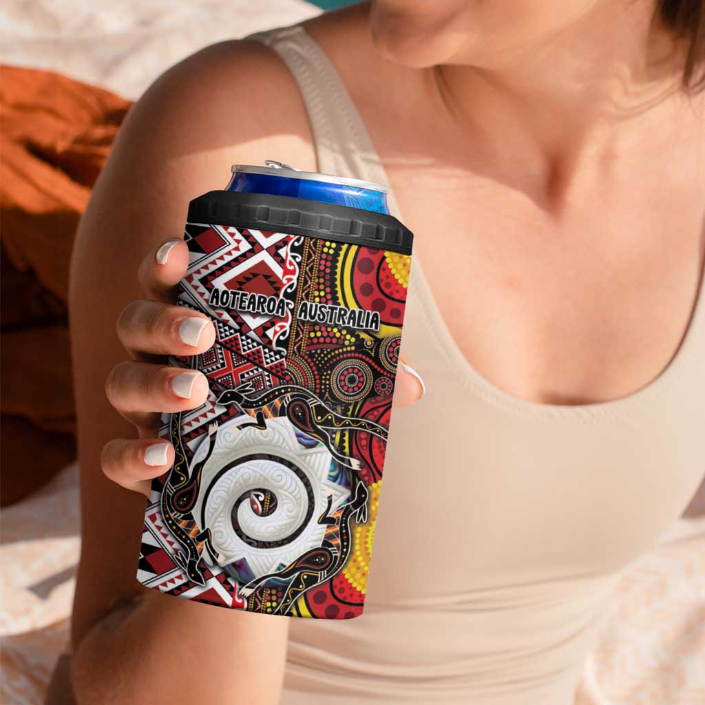 Personalised Aotearoa and Australia Together 4 in 1 Can Cooler Tumbler Koru and Kangaroo - Taniko with Aboriginal Motif LT03 - Polynesian Pride