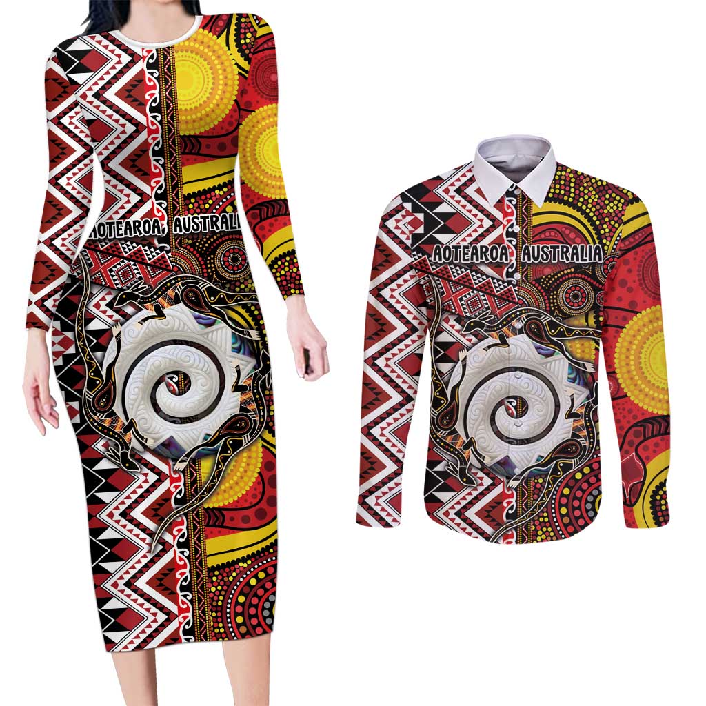 Personalised Aotearoa and Australia Together Couples Matching Long Sleeve Bodycon Dress and Long Sleeve Button Shirt Koru and Kangaroo - Taniko with Aboriginal Motif LT03 Black - Polynesian Pride