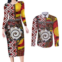 Personalised Aotearoa and Australia Together Couples Matching Long Sleeve Bodycon Dress and Long Sleeve Button Shirt Koru and Kangaroo - Taniko with Aboriginal Motif LT03 Black - Polynesian Pride