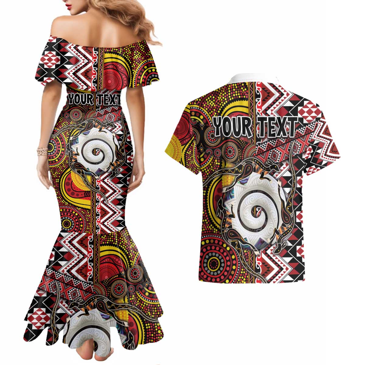 Personalised Aotearoa and Australia Together Couples Matching Mermaid Dress and Hawaiian Shirt Koru and Kangaroo - Taniko with Aboriginal Motif LT03 - Polynesian Pride
