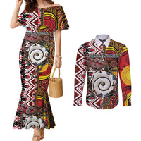 Personalised Aotearoa and Australia Together Couples Matching Mermaid Dress and Long Sleeve Button Shirt Koru and Kangaroo - Taniko with Aboriginal Motif LT03 Black - Polynesian Pride