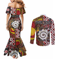 Personalised Aotearoa and Australia Together Couples Matching Mermaid Dress and Long Sleeve Button Shirt Koru and Kangaroo - Taniko with Aboriginal Motif LT03 - Polynesian Pride