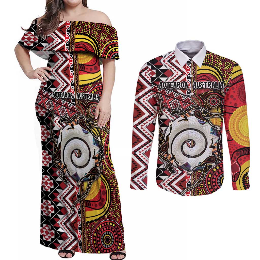 Personalised Aotearoa and Australia Together Couples Matching Off Shoulder Maxi Dress and Long Sleeve Button Shirt Koru and Kangaroo - Taniko with Aboriginal Motif LT03 Black - Polynesian Pride