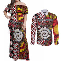 Personalised Aotearoa and Australia Together Couples Matching Off Shoulder Maxi Dress and Long Sleeve Button Shirt Koru and Kangaroo - Taniko with Aboriginal Motif LT03 Black - Polynesian Pride