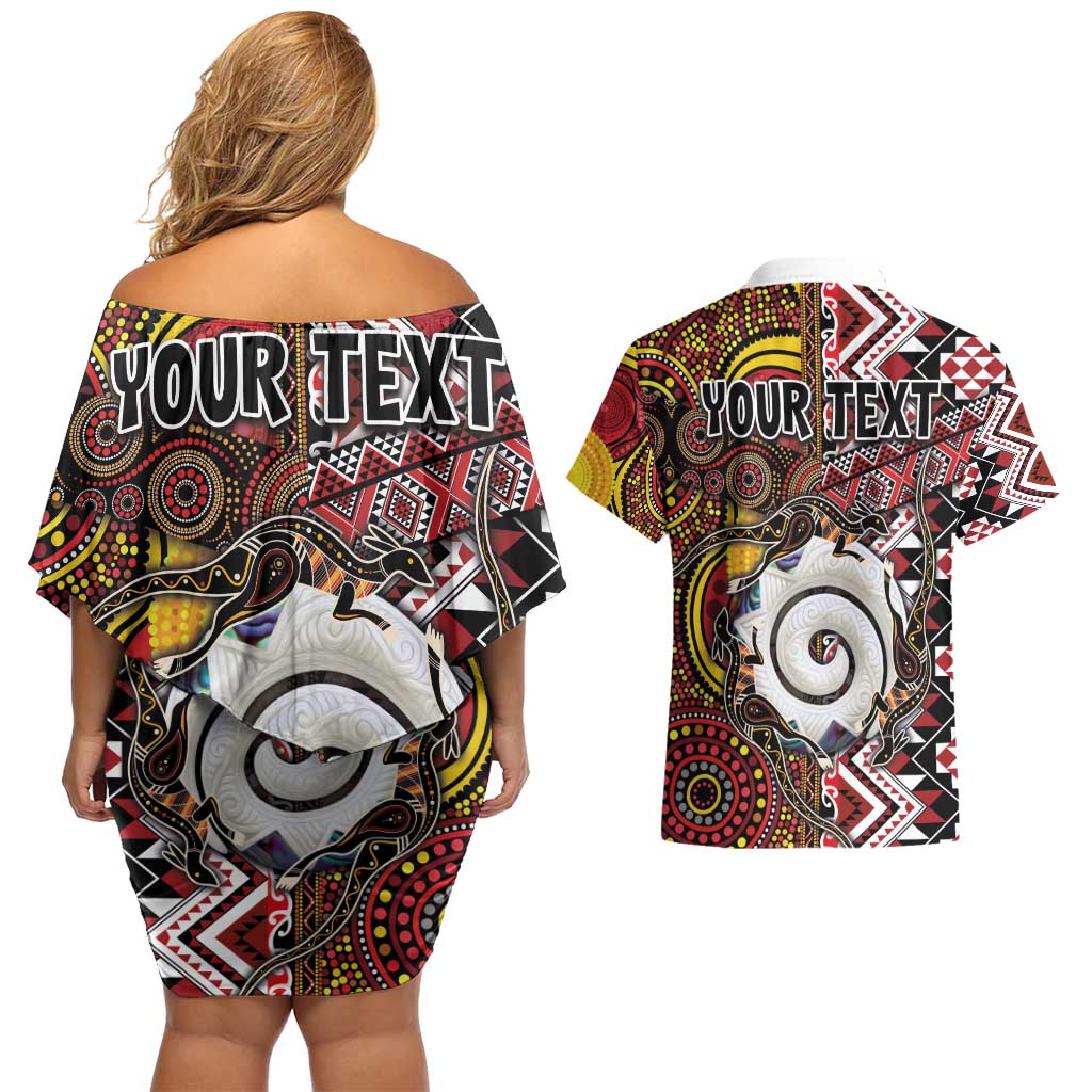 Personalised Aotearoa and Australia Together Couples Matching Off Shoulder Short Dress and Hawaiian Shirt Koru and Kangaroo - Taniko with Aboriginal Motif LT03 - Polynesian Pride