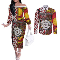 Personalised Aotearoa and Australia Together Couples Matching Off The Shoulder Long Sleeve Dress and Long Sleeve Button Shirt Koru and Kangaroo - Taniko with Aboriginal Motif LT03 Black - Polynesian Pride