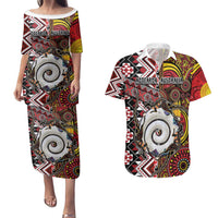 Personalised Aotearoa and Australia Together Couples Matching Puletasi and Hawaiian Shirt Koru and Kangaroo - Taniko with Aboriginal Motif LT03 Black - Polynesian Pride