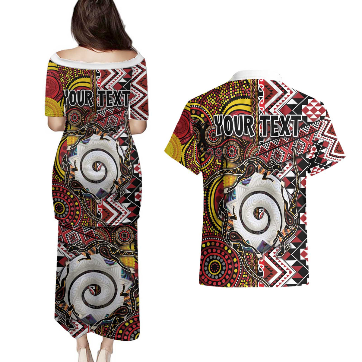 Personalised Aotearoa and Australia Together Couples Matching Puletasi and Hawaiian Shirt Koru and Kangaroo - Taniko with Aboriginal Motif LT03 - Polynesian Pride