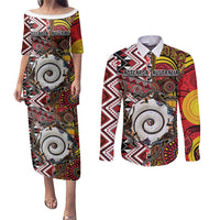 Personalised Aotearoa and Australia Together Couples Matching Puletasi and Long Sleeve Button Shirt Koru and Kangaroo - Taniko with Aboriginal Motif LT03 Black - Polynesian Pride