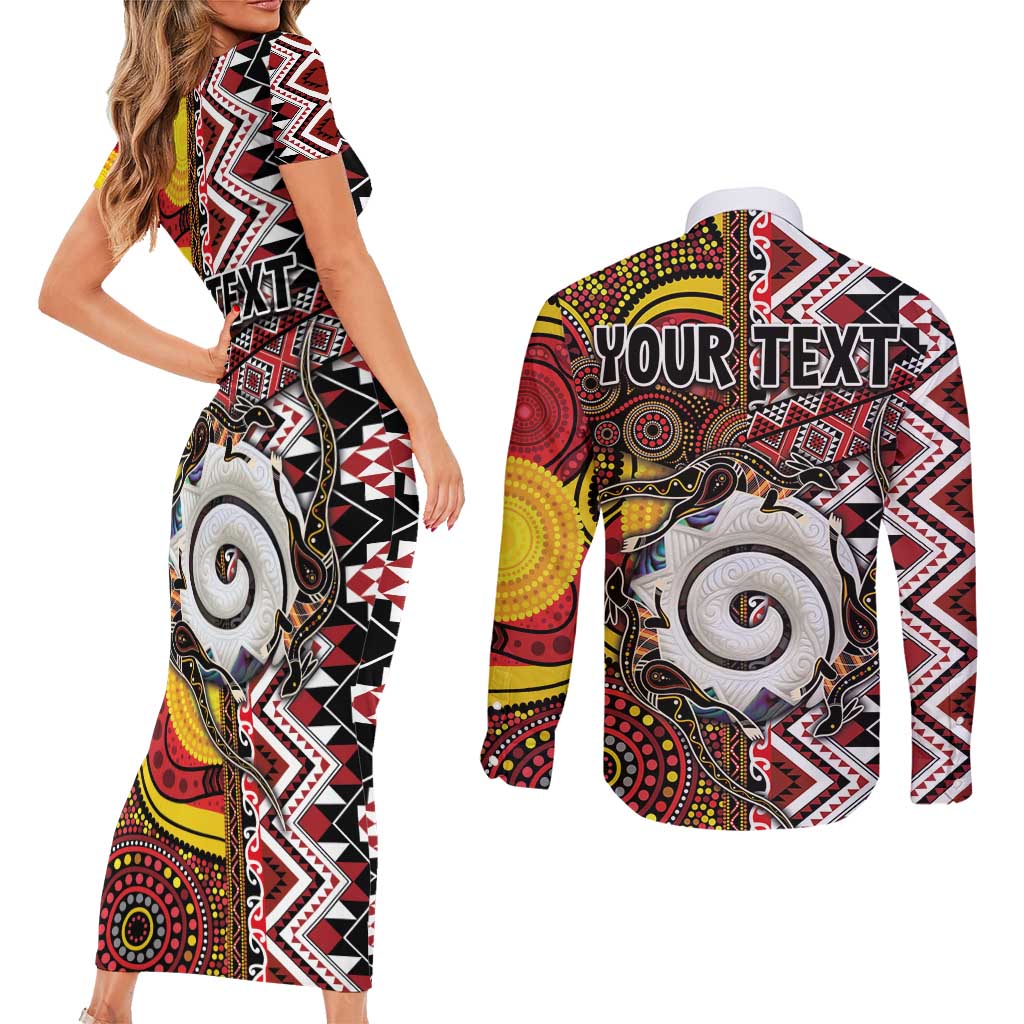 Personalised Aotearoa and Australia Together Couples Matching Short Sleeve Bodycon Dress and Long Sleeve Button Shirt Koru and Kangaroo - Taniko with Aboriginal Motif LT03 - Polynesian Pride