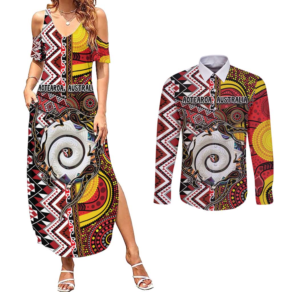 Personalised Aotearoa and Australia Together Couples Matching Summer Maxi Dress and Long Sleeve Button Shirt Koru and Kangaroo - Taniko with Aboriginal Motif LT03 Black - Polynesian Pride