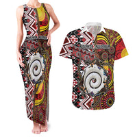 Personalised Aotearoa and Australia Together Couples Matching Tank Maxi Dress and Hawaiian Shirt Koru and Kangaroo - Taniko with Aboriginal Motif LT03 Black - Polynesian Pride