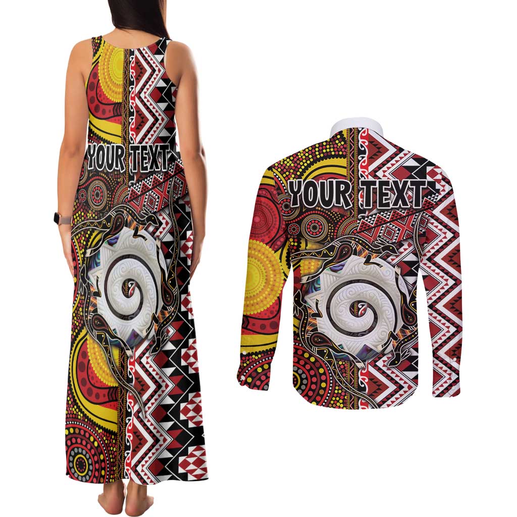 Personalised Aotearoa and Australia Together Couples Matching Tank Maxi Dress and Long Sleeve Button Shirt Koru and Kangaroo - Taniko with Aboriginal Motif LT03 - Polynesian Pride