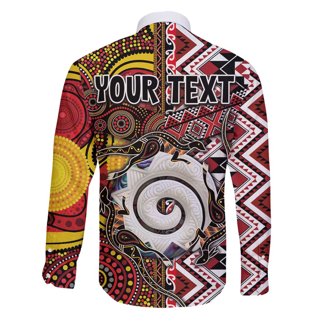 Personalised Aotearoa and Australia Together Family Matching Long Sleeve Bodycon Dress and Hawaiian Shirt Koru and Kangaroo - Taniko with Aboriginal Motif LT03 - Polynesian Pride