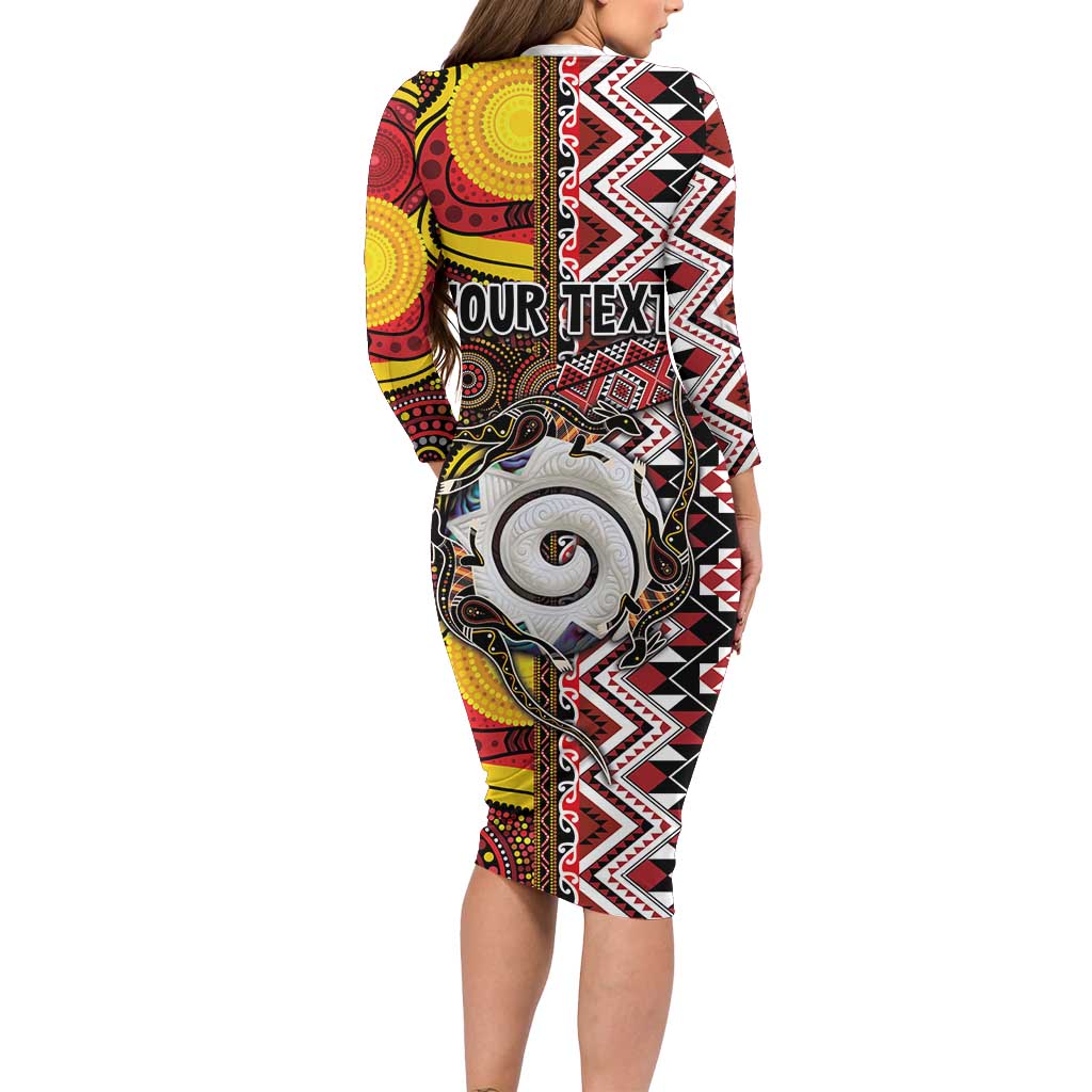 Personalised Aotearoa and Australia Together Family Matching Long Sleeve Bodycon Dress and Hawaiian Shirt Koru and Kangaroo - Taniko with Aboriginal Motif LT03 - Polynesian Pride