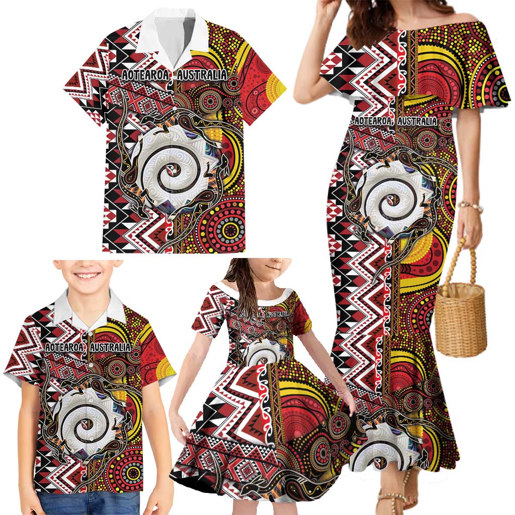 Personalised Aotearoa and Australia Together Family Matching Mermaid Dress and Hawaiian Shirt Koru and Kangaroo - Taniko with Aboriginal Motif LT03 - Polynesian Pride