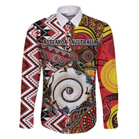 Personalised Aotearoa and Australia Together Family Matching Mermaid Dress and Hawaiian Shirt Koru and Kangaroo - Taniko with Aboriginal Motif LT03 Dad's Shirt - Long Sleeve Black - Polynesian Pride