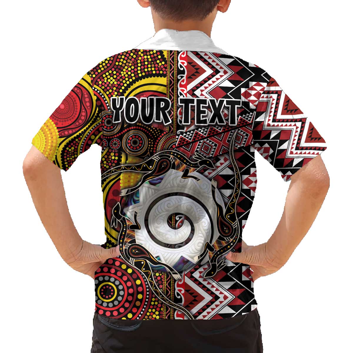 Personalised Aotearoa and Australia Together Family Matching Off The Shoulder Long Sleeve Dress and Hawaiian Shirt Koru and Kangaroo - Taniko with Aboriginal Motif LT03 - Polynesian Pride
