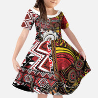 Personalised Aotearoa and Australia Together Family Matching Off The Shoulder Long Sleeve Dress and Hawaiian Shirt Koru and Kangaroo - Taniko with Aboriginal Motif LT03 Daughter's Dress Black - Polynesian Pride