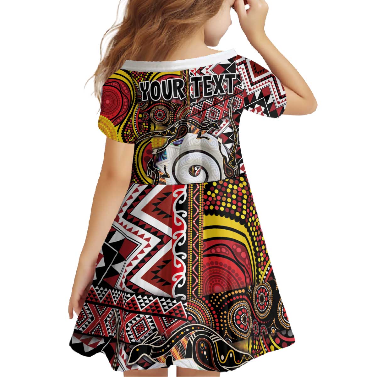 Personalised Aotearoa and Australia Together Family Matching Off The Shoulder Long Sleeve Dress and Hawaiian Shirt Koru and Kangaroo - Taniko with Aboriginal Motif LT03 - Polynesian Pride