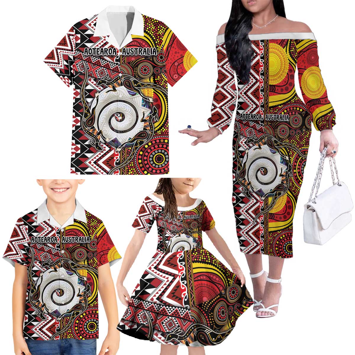 Personalised Aotearoa and Australia Together Family Matching Off The Shoulder Long Sleeve Dress and Hawaiian Shirt Koru and Kangaroo - Taniko with Aboriginal Motif LT03 - Polynesian Pride